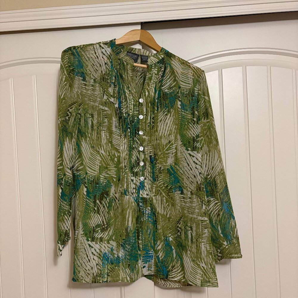 Additions By Chico's Popover Blouse Size 2 US Size Large Green Leaf Print Sheer